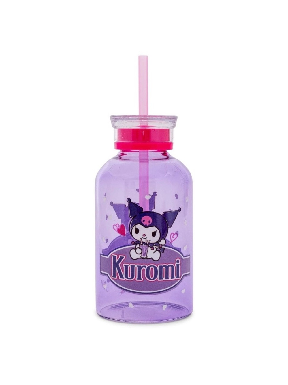 Sanrio Kuromi Hearts Glass Milk Bottle With Straw | Holds 15 Ounces